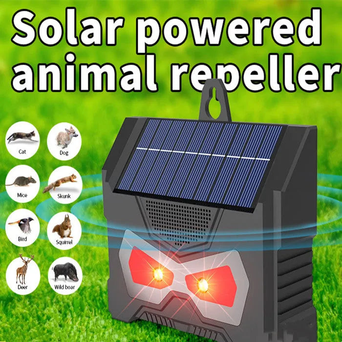 Black animal-shaped solar ultrasonic pest repeller for outdoor use.