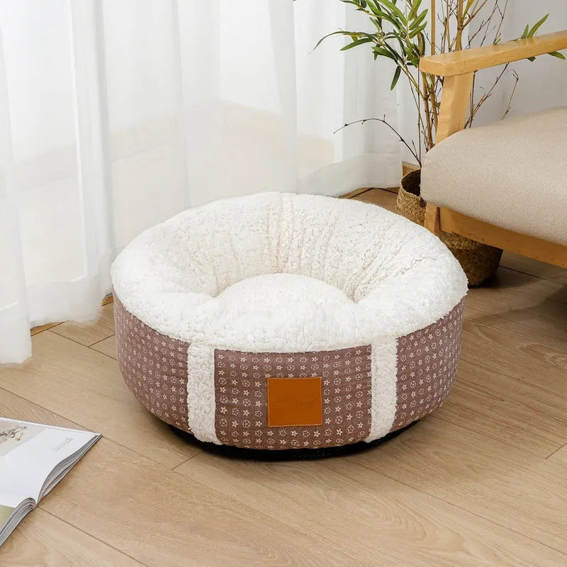 Winter super soft warm pet bed with lamb wool fabric and raised rim, available in 4 colours and sizes 40-80cm