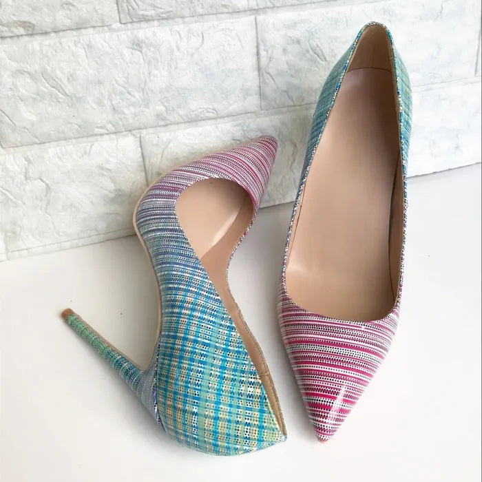 Pink and blue gradient patent leather ladies high heels with pointed toe and high thin heel