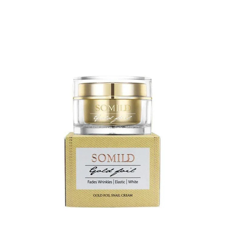 50g jar of 24K Gold Snail Cream with snail extract, gold leaf, and kelp polysaccharide for brightening and scar reduction.