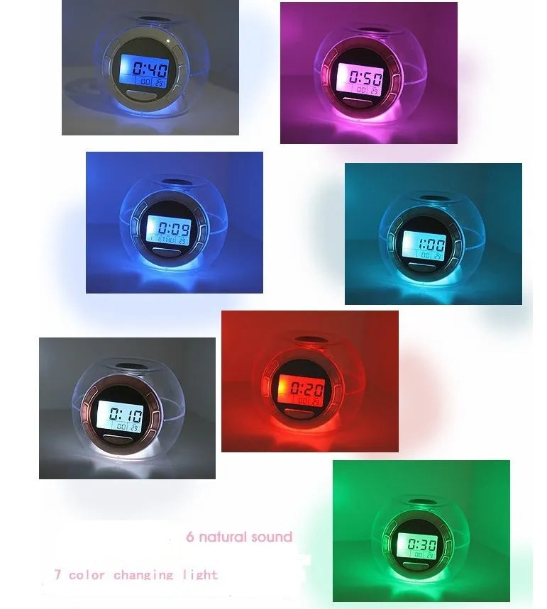 White colourful natural sound alarm clock with large LCD display showing time and temperature, featuring 6 nature sounds and 7 colour cycle night light