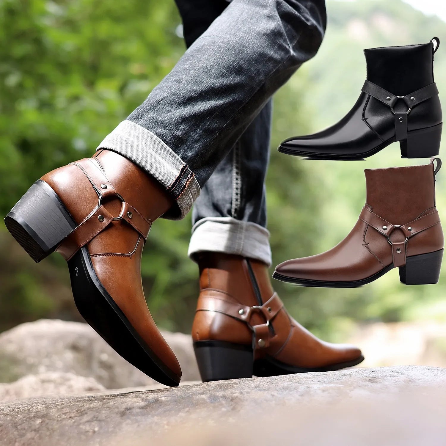 Black unisex ankle boot with side zip, square toe, and rivet details on a rubber sole.