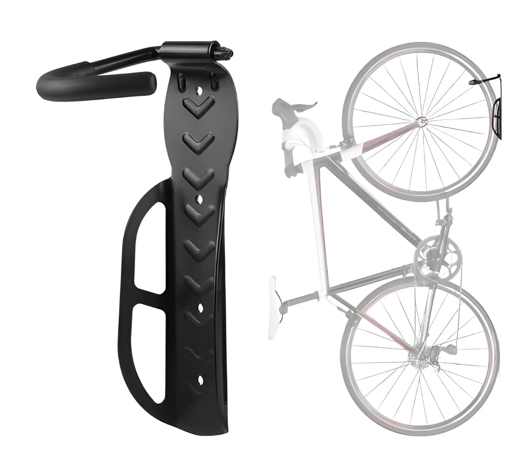 Black steel mountain bike wall rack with sponge-protected hook, measuring 260x130x70mm, loaded with a mountain bike