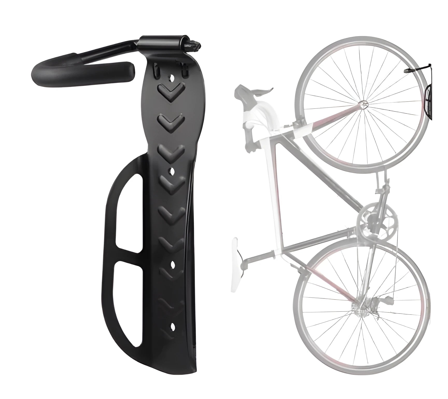 Black steel mountain bike wall rack with sponge-protected hook, measuring 260x130x70mm, loaded with a mountain bike