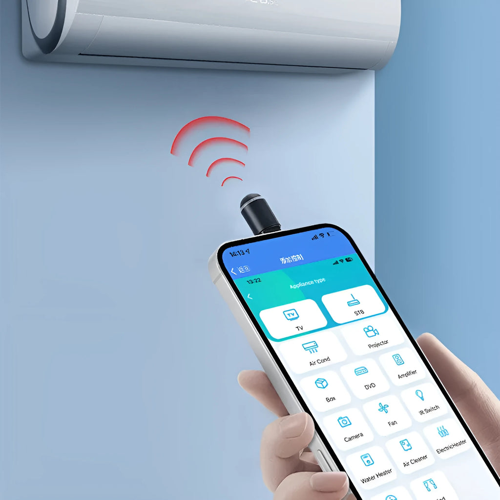 Black smartphone infrared emitter capsule with Lightning, Type-C and Micro-USB connectors