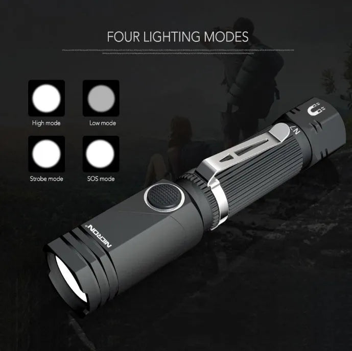 Hands-free LED flashlight in grey black with 1200 lumens, aircraft grade aluminium body, 360° rotary clip, and high-strength magnet