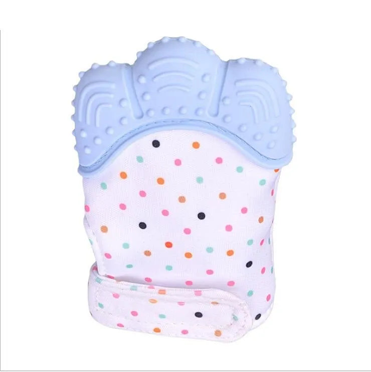 Silicone baby teether gloves with Velcro strap in multiple colour options for infants 3-12 months