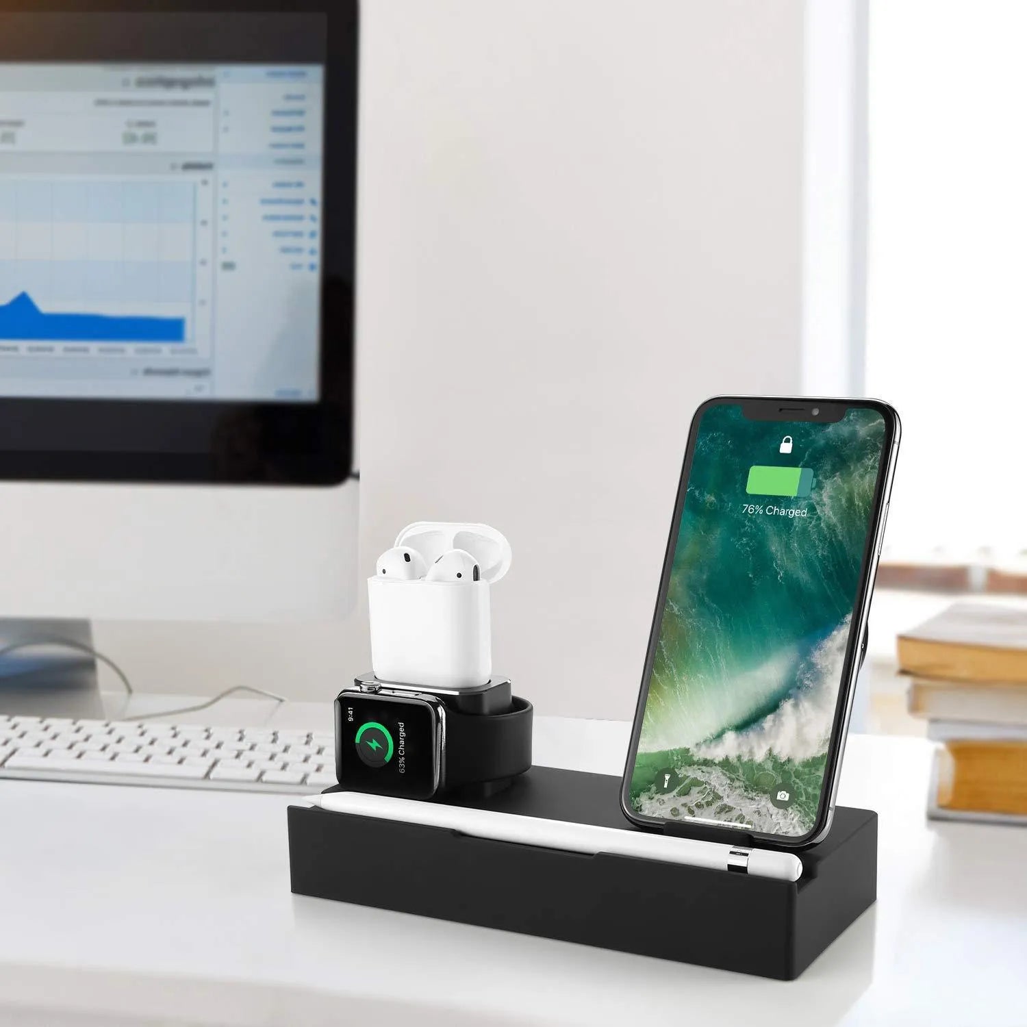 Black eight-port wireless charging station with USB hub and 150cm power cord