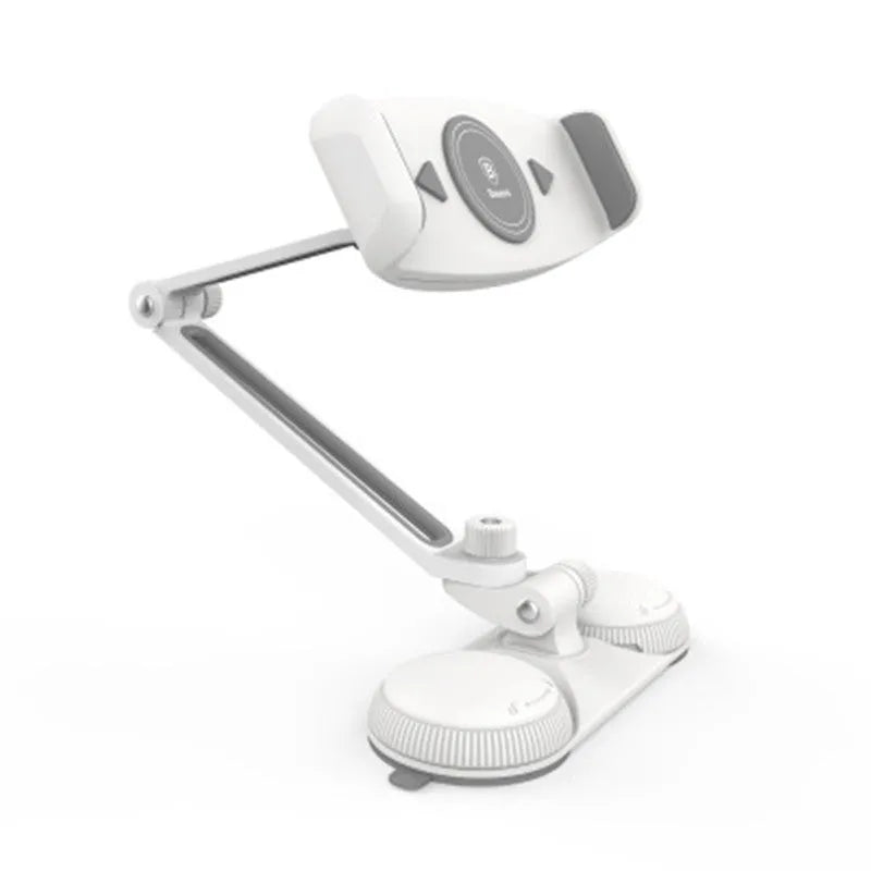 Aluminum alloy sucker bracket with double suction cup holding a tablet on a smooth surface, multi-angle rotation visible