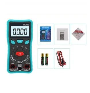 Green PTM automatic digital multimeter with LED display and rear kickstand.