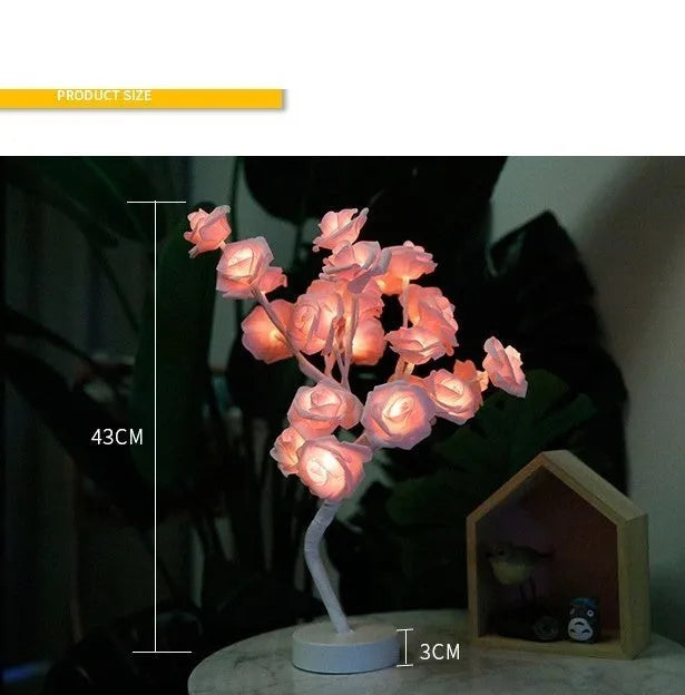 White and red rose flower LED table lamp with bonsai tree design and warm white lights
