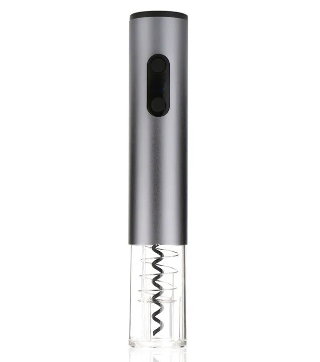 Silver automatic electric bottle wine opener with integrated foil cutter on white background
