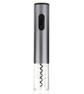 Silver automatic electric bottle wine opener with integrated foil cutter on white background