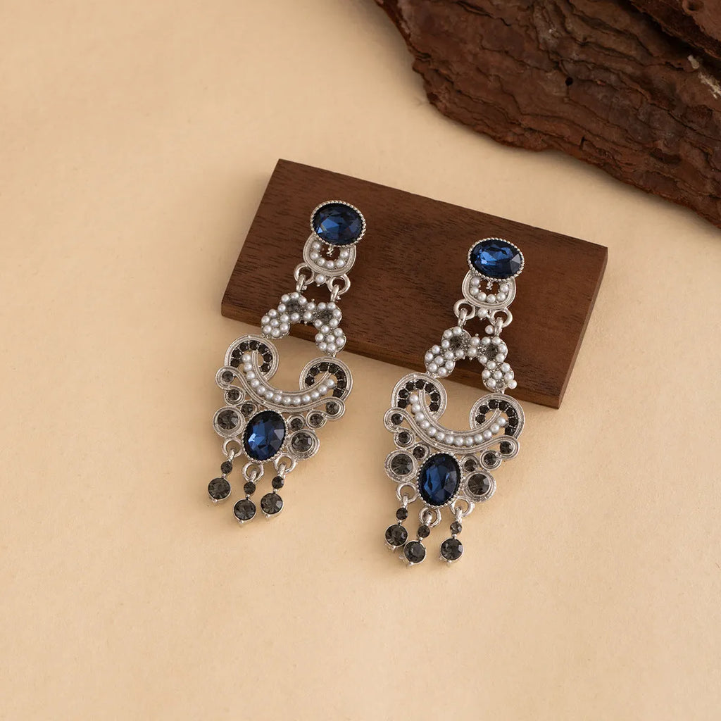 Pair of geometric retro earrings with chamfered square cubic zirconia in atmospheric blue, electroplated zinc alloy setting