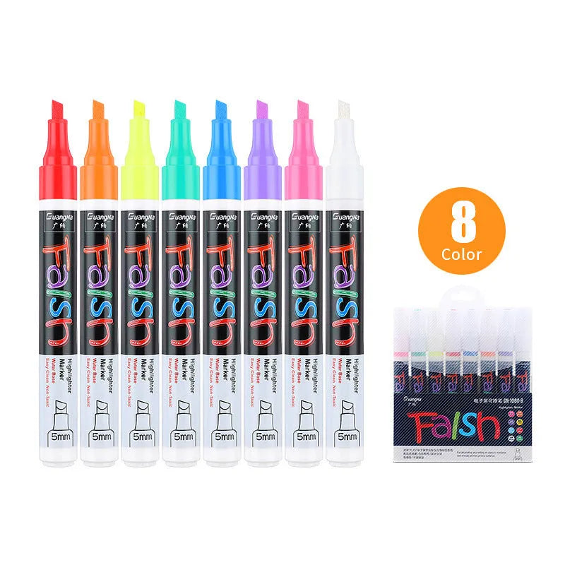 Electronic fluorescent plate highlighter with oblique tip and plastic shell in card packaging.