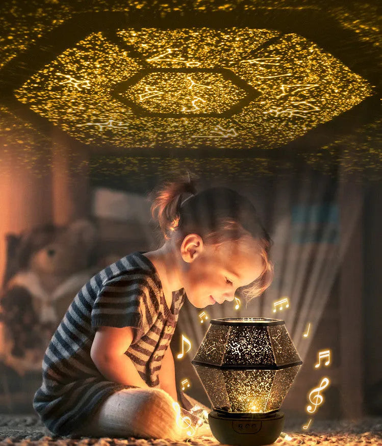 Children's rotating stars LED night light projecting a three-colour starlight pattern on a wall.