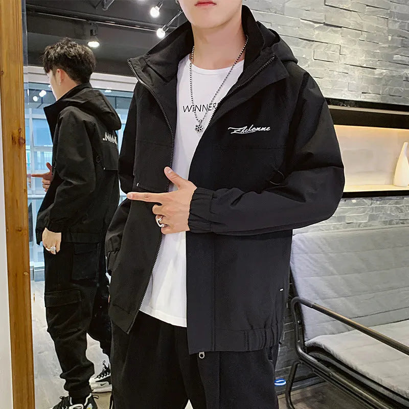 Men's hooded zip work coat in black, loose fit, 100% polyester, spring autumn jacket