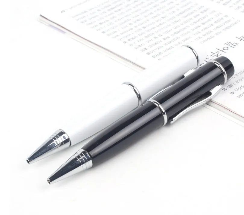 Multi-function metal USB flash drive pen with laser pointer, 16GB capacity, black, on white background