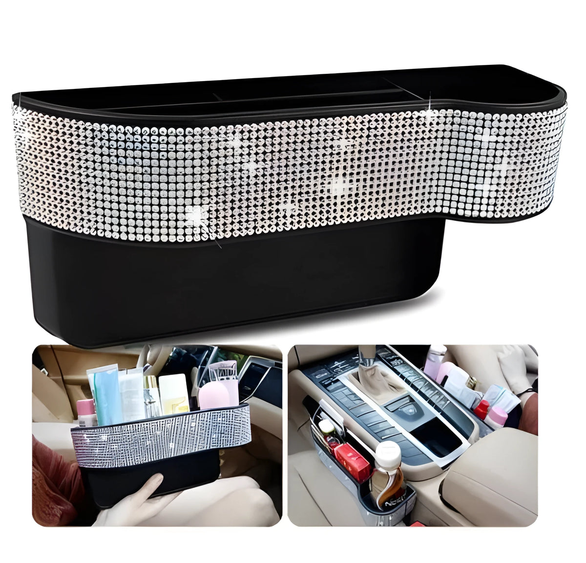 Diamond-studded car seat storage box in white, made from ABS and microfiber leather, 26.2cm x 12.5cm, for GM models