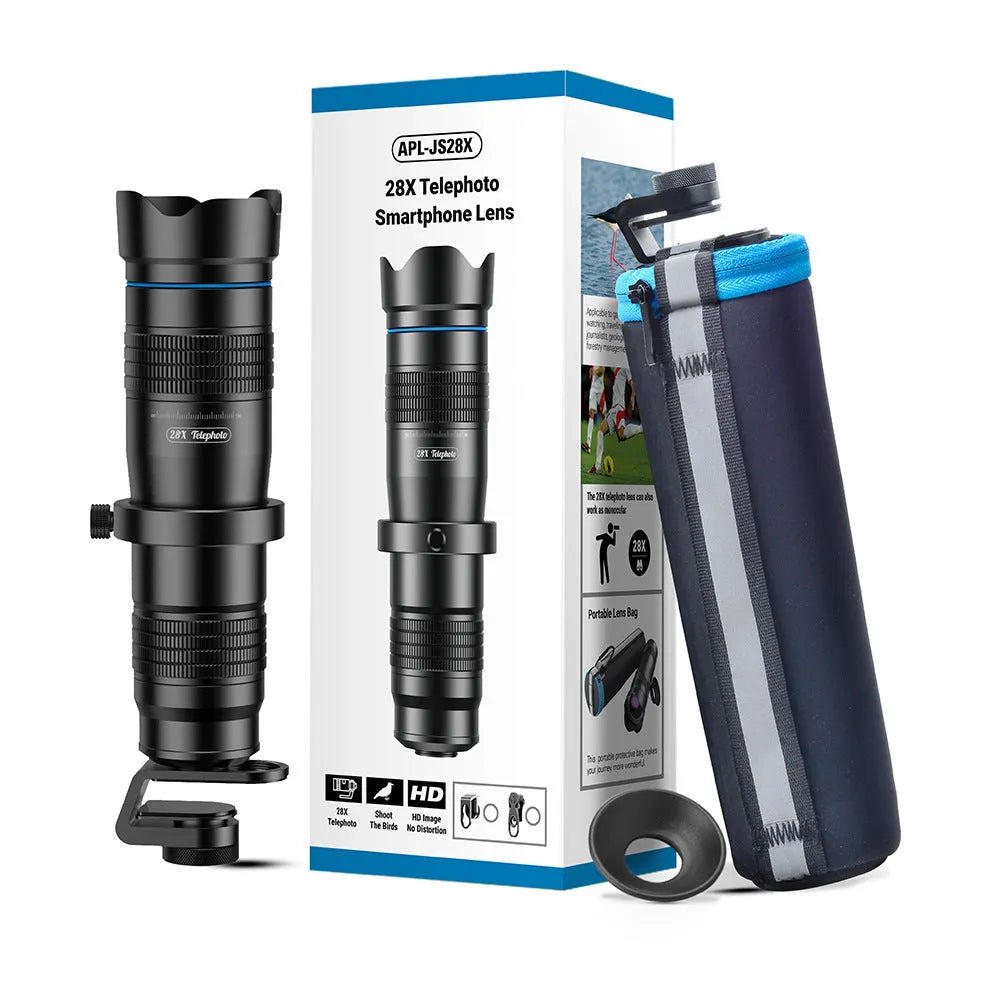 APEXEL 28 times telephoto lens black aluminium alloy with lens cap on table beside smartphone