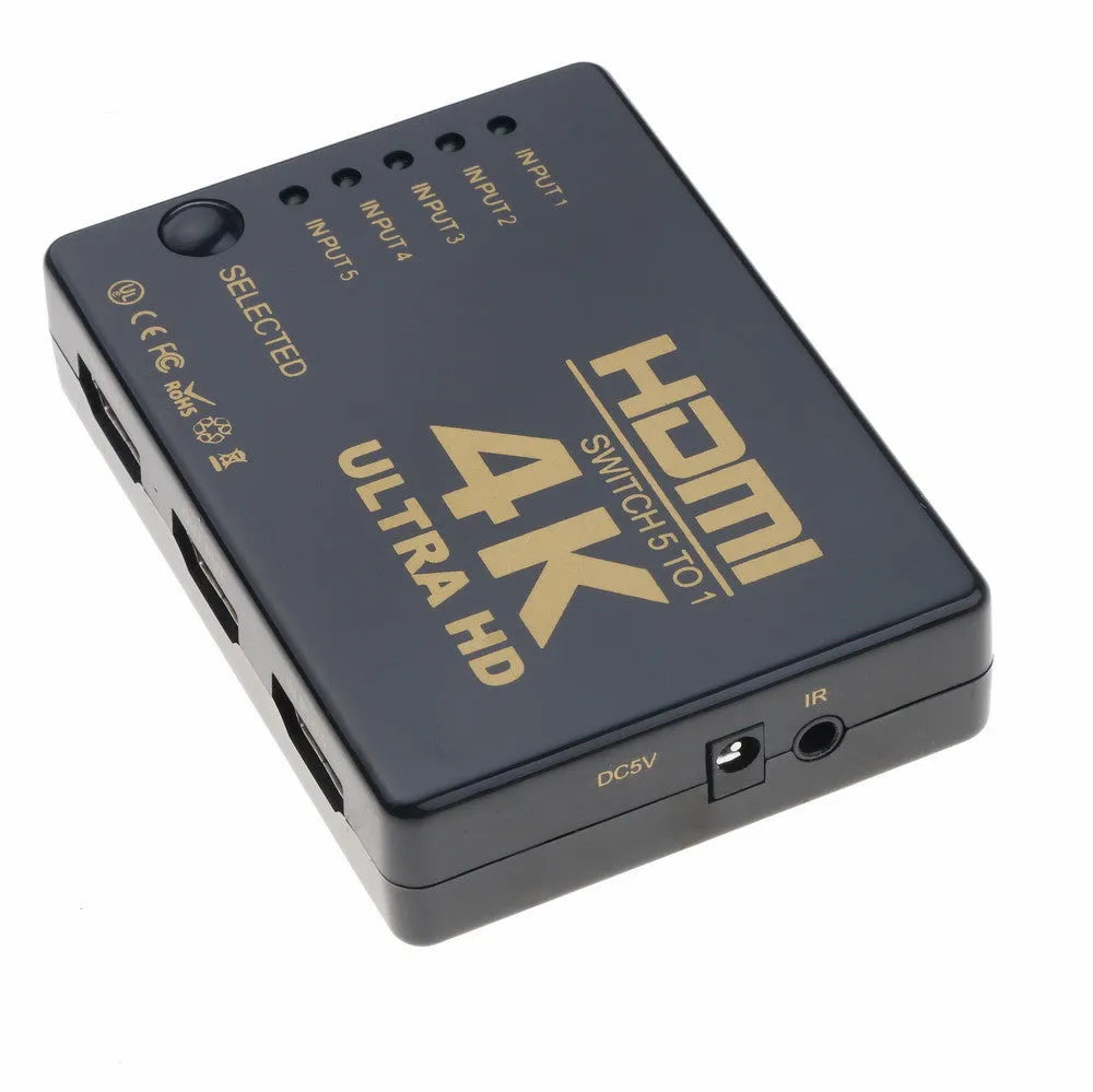Black 5 in 1 out HDMI switcher with remote control and infrared cable