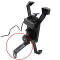 Black ABS motorcycle phone holder mounted on handlebar with adjustable clamp and USB charging cable