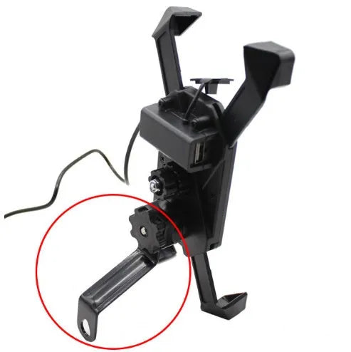 Black ABS motorcycle phone holder mounted on handlebar with adjustable clamp and USB charging cable