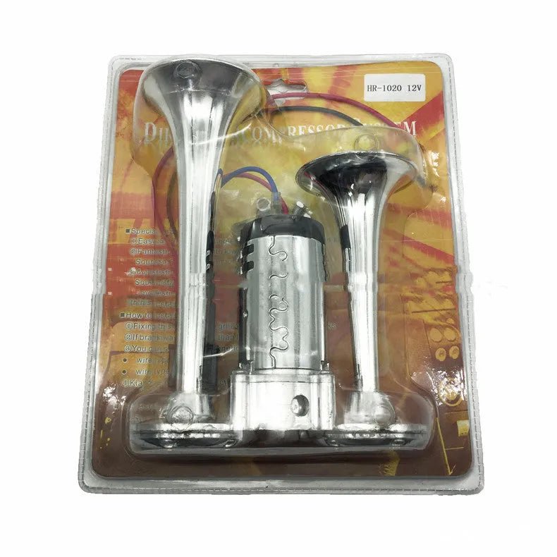 Silver double pipe conjoined electric horn with air pump 12V/24V 110db for car or motorcycle