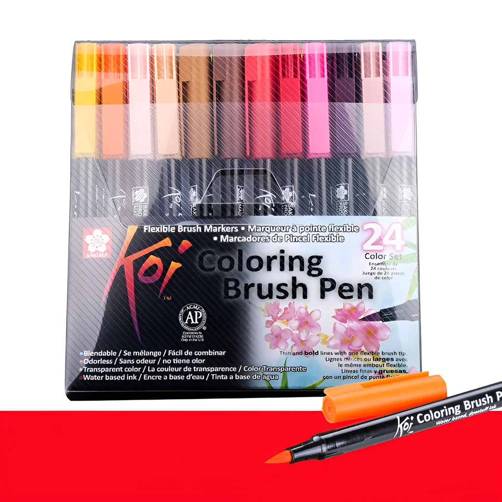 Set of water-based watercolour markers with soft brush tips in a selection of coloured barrels.