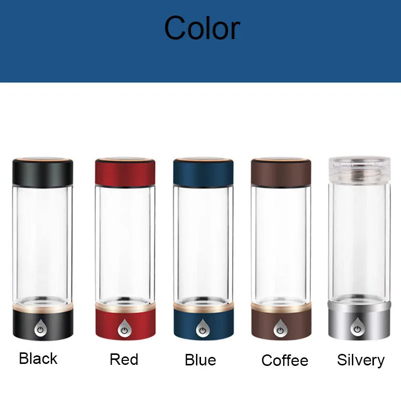 380ml hydrogen water ionizer bottle, 22cm x 7cm, glass or PC body, Black Blue Camel Red Silver