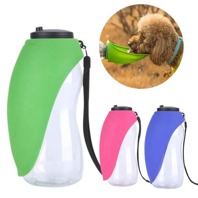 Blue plastic pet water bottle with drinking bowl showing key lock mechanism and 680ml capacity markings