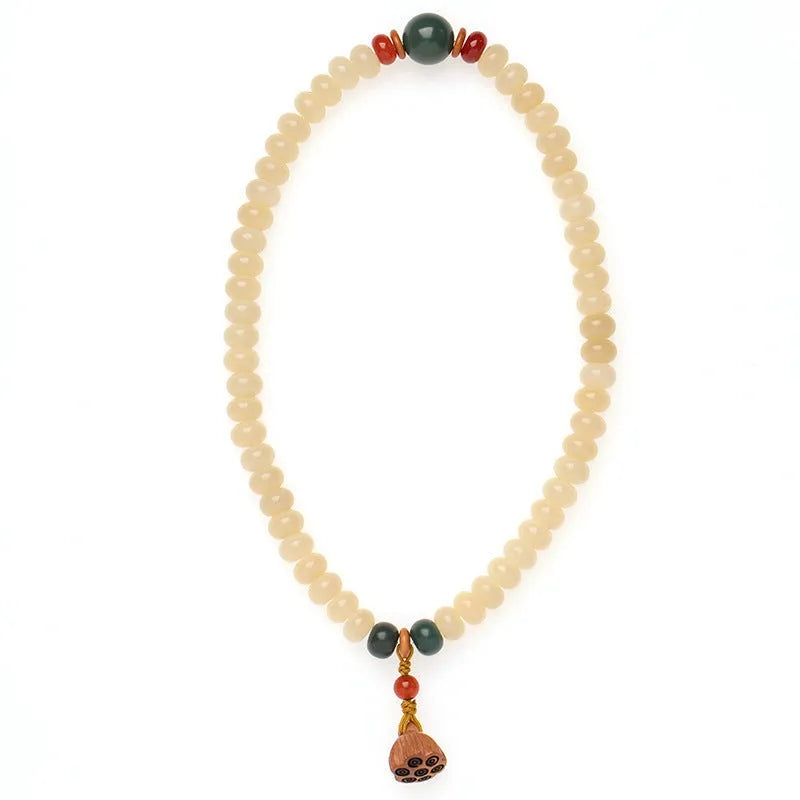Milk butter coloured Bodhi root wooden bracelet with 6x9mm flat round beads and double ring design