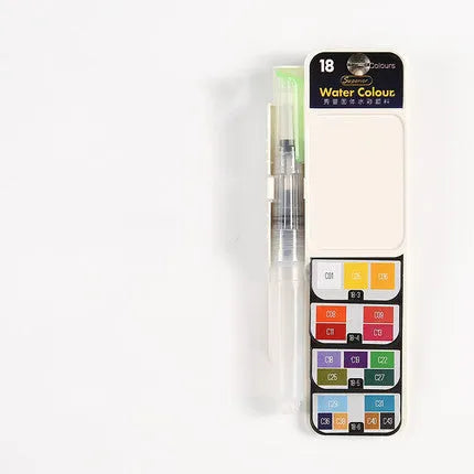 Fan-shaped foldable solid watercolour paint set with fountain pen and sponge in transparent plastic box