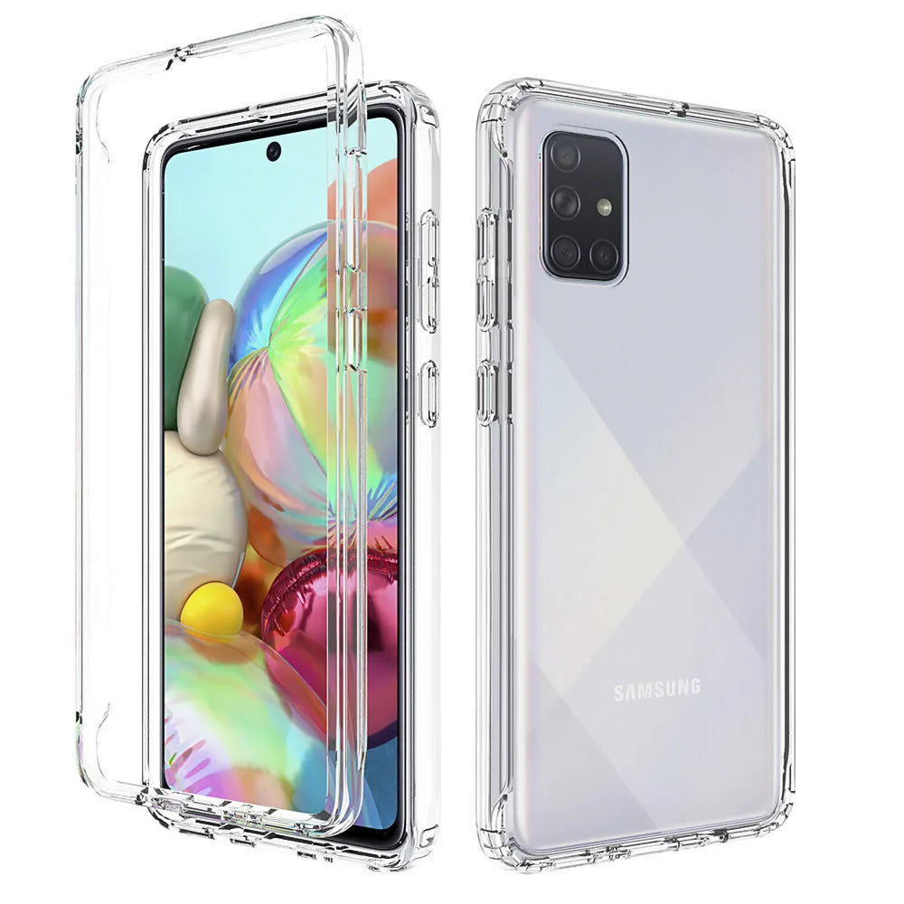 Transparent anti-drop phone case for Samsung Galaxy smartphones showing PC and TPU construction