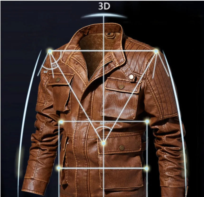 Men's PU leather jacket with plus velvet lining in khaki colour