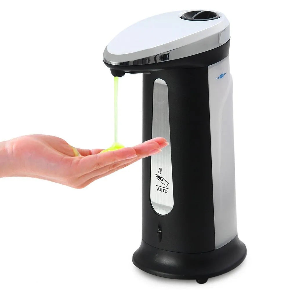 Black automatic sensor-operated liquid soap dispenser with 400ml capacity on a bathroom counter.