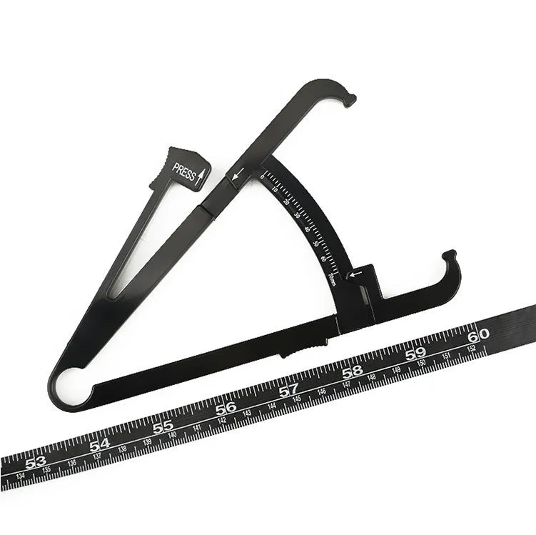 Black digital body fat skinfold caliper made of ABS plastic with a display and measurement arms.