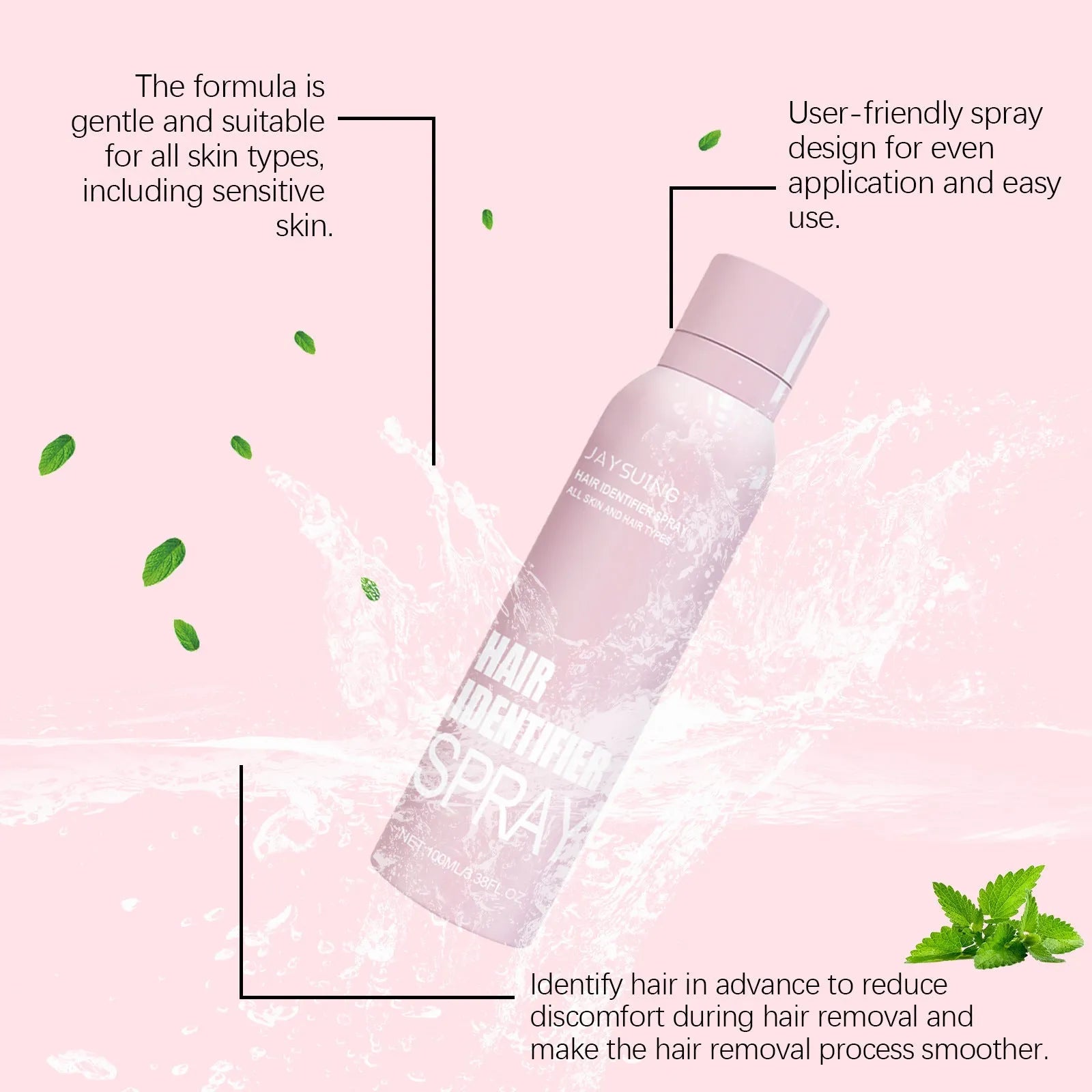 Hair identifier spray 100ml in PET bottle for face shaving and dermaplaning with mint extracts