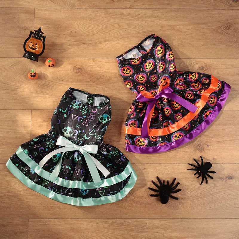 Double-layer dog Halloween skirt with colourful pumpkin or skull pattern