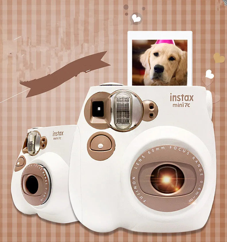 Instant imaging camera Mini 7s upgrade in milk coffee colour with portable manual telescopic lens and auto focus.