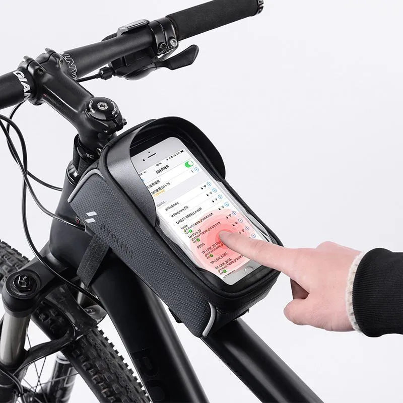 Black 1L handlebar crossbeam bag with TPU touch film window and Velcro straps, shown on a bicycle frame