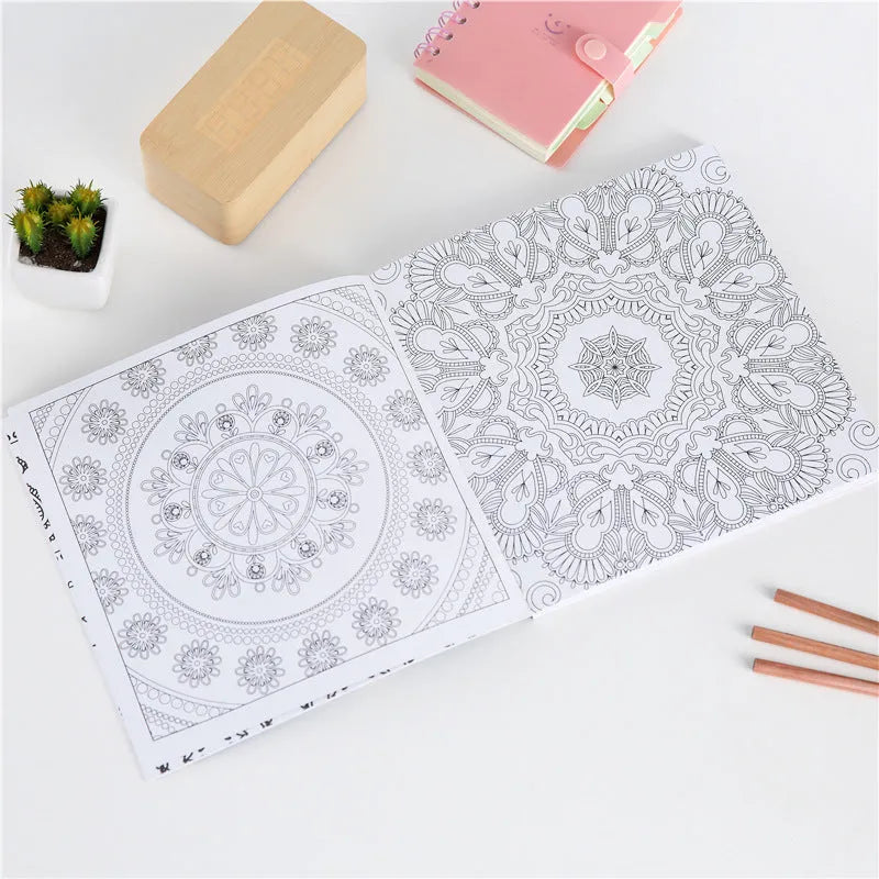21 cm square mandala colouring book showing soft cover and open page with detailed pattern