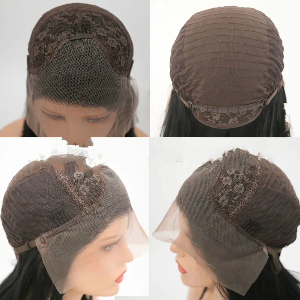 Front lace big wave wig in black high temperature silk with centre part and lace mesh cap
