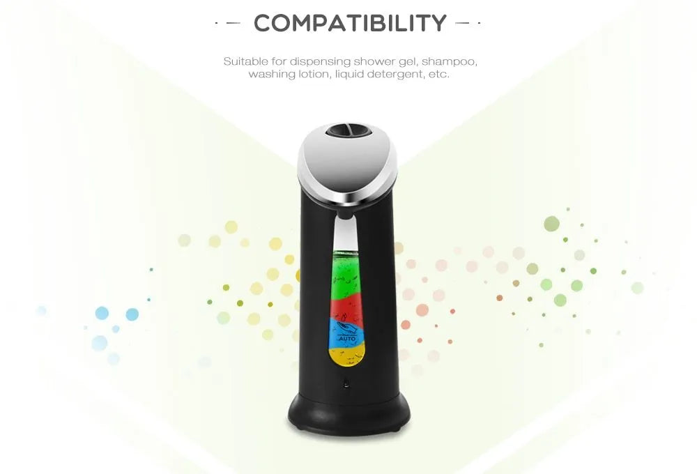 Black automatic sensor-operated liquid soap dispenser with 400ml capacity on a bathroom counter.
