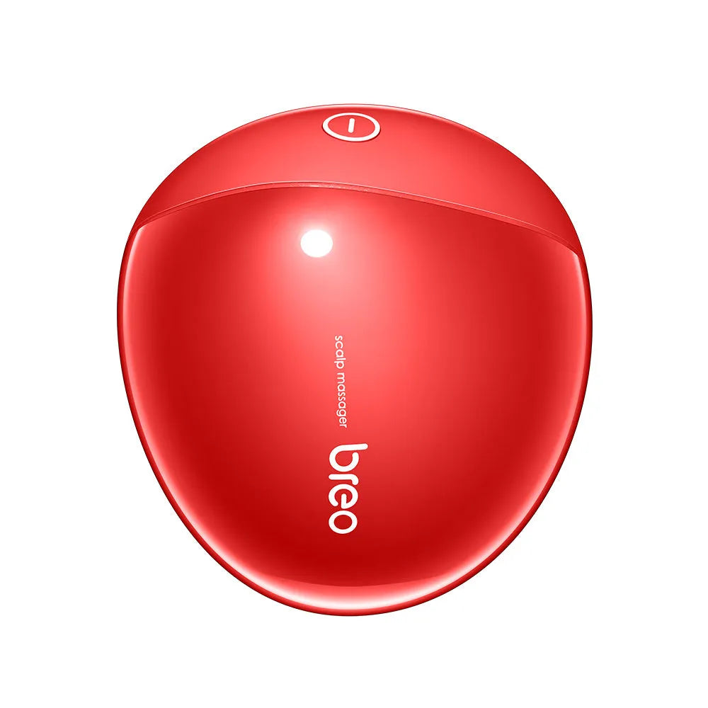 Red electric scalp massager with kneading heads showing compact 110mm x 120mm x 82mm dimensions