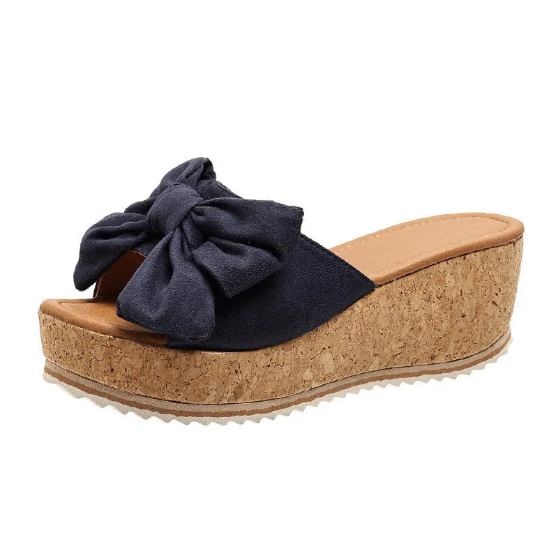 Fashion bow leopard print wedge slippers for women with thick sole and fish mouth toe in black leopard colour