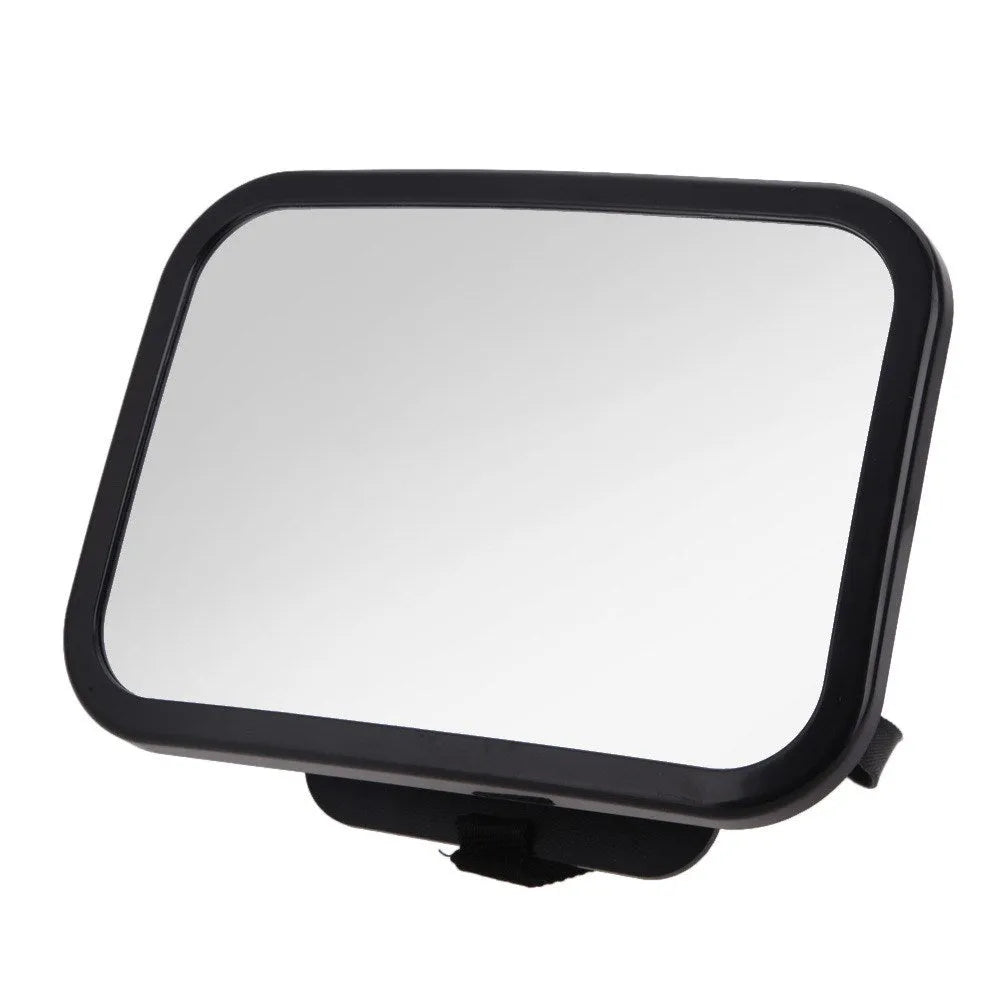 Black baby rear view mirror attached to car headrest with adjustable strap and wide rectangular shape