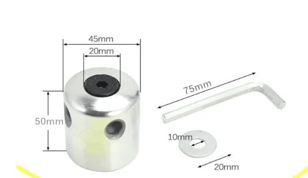 Silver aluminium lawn mower grass trimmer head accessory with four light yellow square ropes and a wrench.