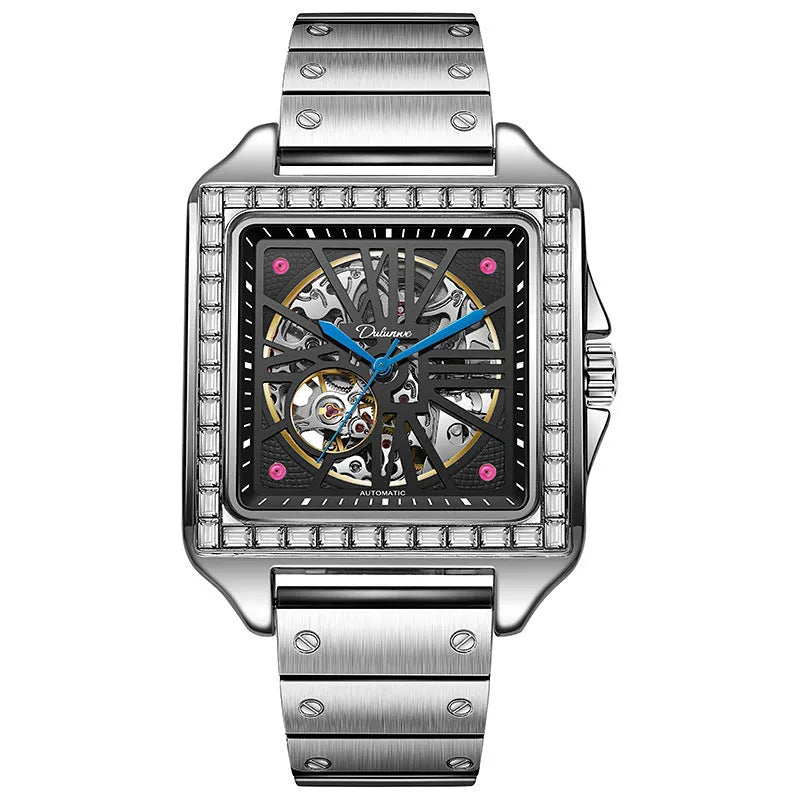 Square diamond-studded automatic watch for men in business style with black or white options