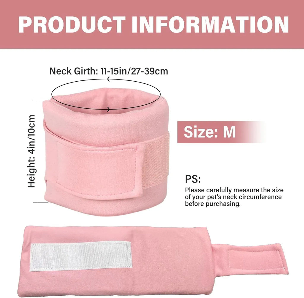 Soft cat cone recovery collar in grey and pink colours showing four size options